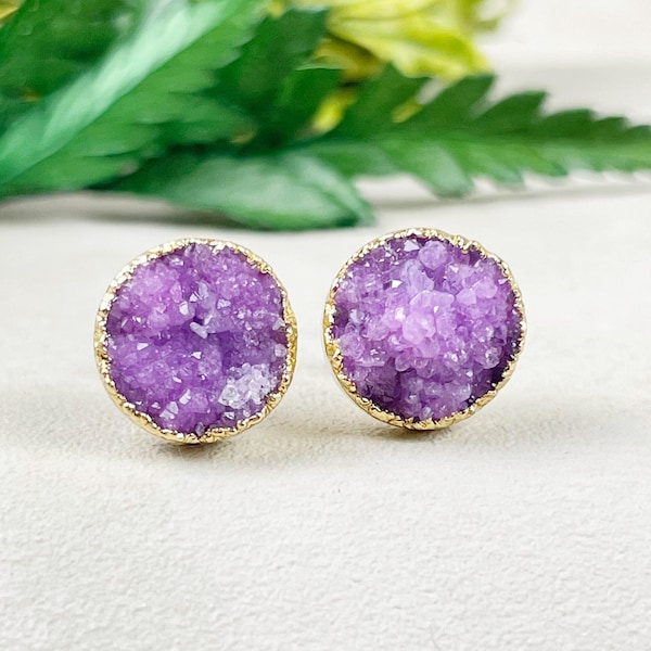 Purple Round Druzy Stud Earrings (EPJ-E3BAB10-PR)