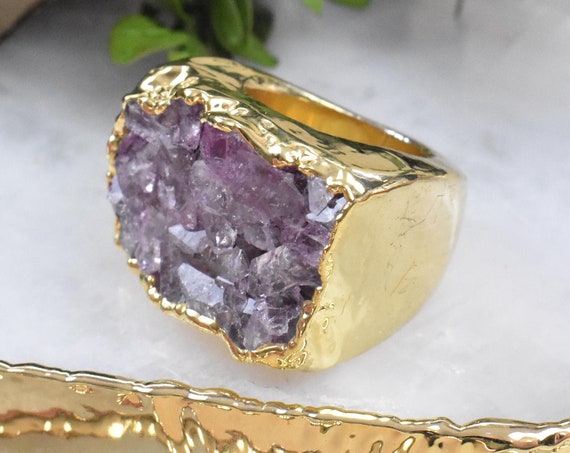 Gold Purple Druzy Carved Ring, Gemstone Druzy Ring, Statement Gem Ring, Natural Stone Large Ring, Size 7.25 (EPJ-RCBA10-18)