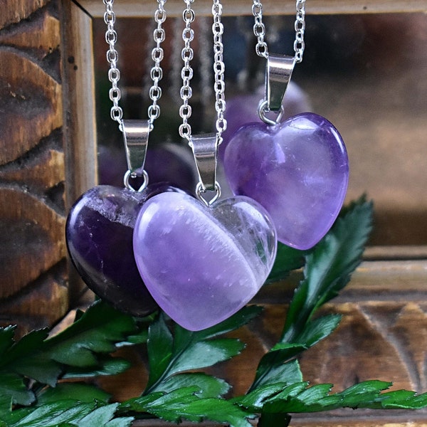 Amethyst Heart Necklace, Silver Gemstone Necklace, Layering Statement Necklace (EPJ-NW20ABB15)