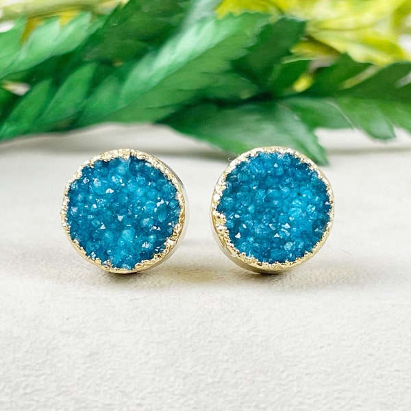 Blue Round Druzy Stud Earrings (EPJ-E3BAB10-BL)