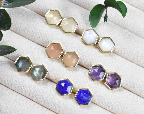 Hexagon Gemstone Bezel Stud Earrings, Gold Gemstone Studs, Statement Delicate Earrings (EPJ-E3BAA14)
