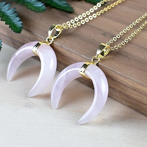 Rose Quartz Crescent Moon Necklace: Gold Plated Gemstone