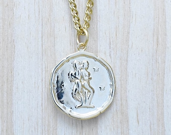 Złoty naszyjnik z monetą zodiakalną Bliźnięta: łańcuszek ze stali nierdzewnej