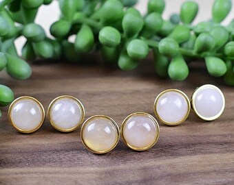 Aretes de cuarzo rosa de 12 mm, aretes de piedras preciosas de oro de cabujón (EPJ-ES19CSA10)