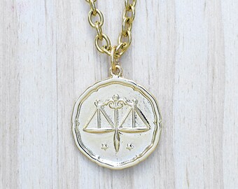 Gold Libra Zodiac Coin Necklace: Stainless Steel Chain