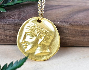 Gold Greek Coin Necklace: Matte Finish Pendant