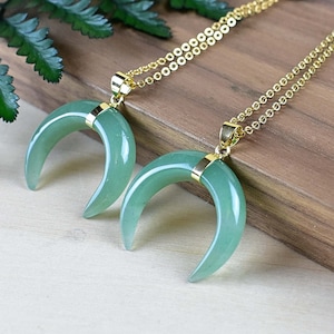 Green Aventurine Moon Necklace, Crescent Moon Necklace, Gold Gemstone Necklace, Layering Statement Necklace (EPJ-NL20CAA13)