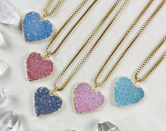 Gold Colorful Heart Druzy Necklace, Gold Layering Pendant Necklace (EPJ-NBA10)