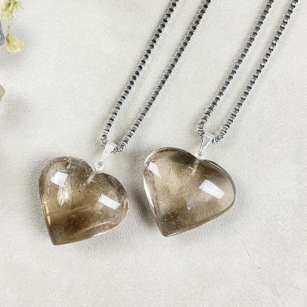 Silver Smoky Quartz Puffy Heart Necklace (EPJ-NA26-SQ)