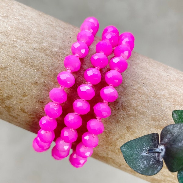 Barb// Hot Pink Neon Crystal Beaded Handknotted Bracelet (EPJ-BSBA10-HP)