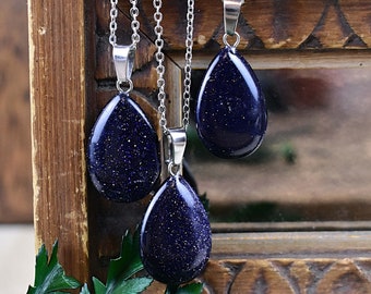 Blue Goldstone 16x24mm Teardrop Necklace, Silver Gemstone Necklace, Layering Statement Necklace (EPJ-NW20AAA20)