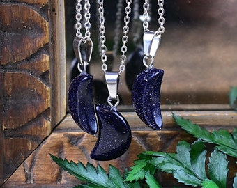 Blue Goldstone Crescent Moon Necklace, Silver Plated Chain