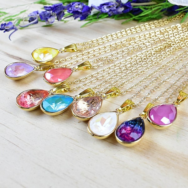 Swarovski Crystal Layering Necklace, Gold Colorful Gem Crystal Layering Necklace, Delicate Pendant Necklace (EPJ-NE20AAA10)