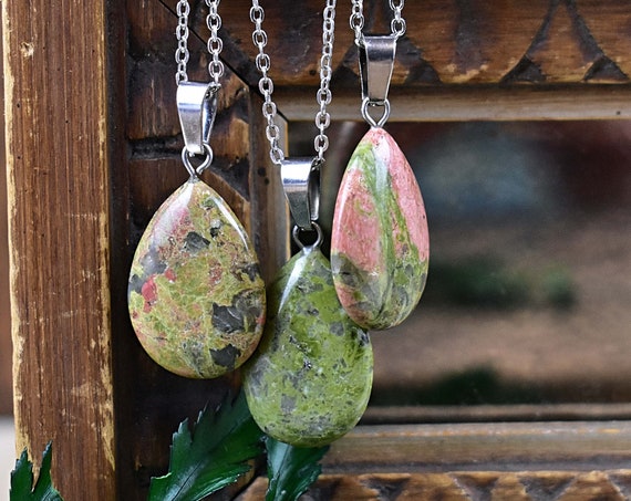 Unakite 16x24mm Teardrop Necklace, Silver Gemstone Necklace, Layering Statement Necklace (EPJ-NW20AAA13)