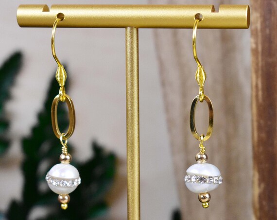 Freshwater Pearl Crystal Drop Earrings, Gold Pearl Bead Earrings, Gold Gemstone Earrings, Statement Huggie Earrings (EPJ-E21EA10)