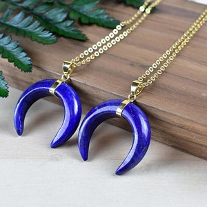 Lapis Lazuli Moon Necklace, Crescent Moon Necklace, Gold Gemstone Necklace, Layering Statement Necklace (EPJ-NL20CAA14)
