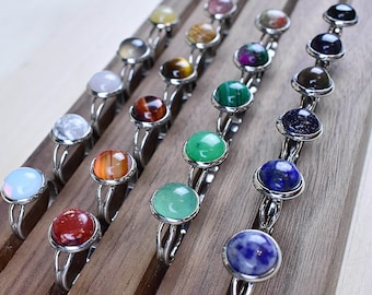 Silver Gemstone Cabochon Ring: Adjustable Natural Stone