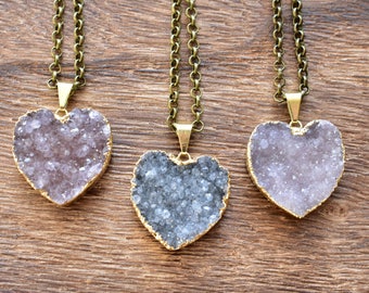 Gold Brass Heart Druzy Necklace/ Druzy Quartz Heart Necklace/ Quartz Druzy Summer Necklace/ Gemstone Bohemian Necklace (EP-BND14)