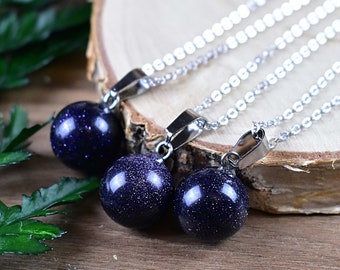 Blue Goldstone Orb Necklace, Silver Plated Chain (14mm)