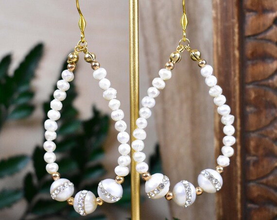 White Pearl Crystal Beaded Drop Earrings, Gold Gemstone Chandelier Earrings, Natural Freshwater Pearl Stone (EPJ-E21E13)