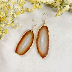Gold Brown Agate Slice Dangle Earrings (EPJ-EL20AAA10-12)