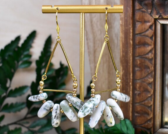 Tree Agate Point Fan Dangle Drop Earrings, Gold Gemstone Chandelier Earrings, Natural Agate Stone (EPJ-E21D12)