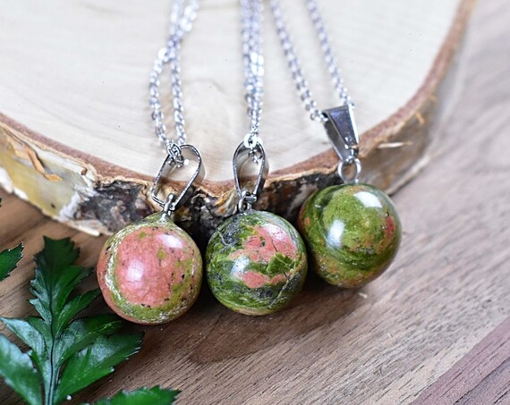 Unakite 14mm Orb Necklace, Silver Gemstone Necklace, Layering Statement Necklace (EPJ-NW20AAB34)