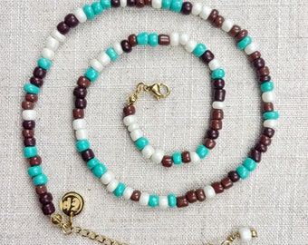 Mixie// Czech Glass Beaded Necklace: Gold Plated Chain, Turquoise Brown White Choker