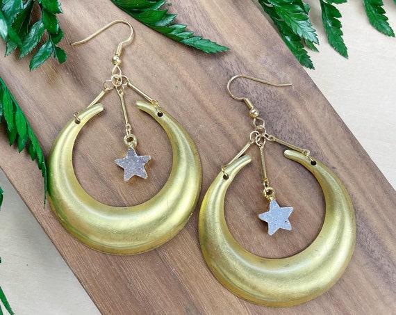 Gold Druzy Star Brass Crescent Huggie Earrings (EPJ-EEAA22)