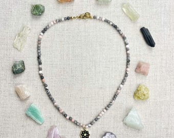 Pink Zebra Jasper Enamel Opal Charm Beaded Necklace (EPJ-NSBA44)