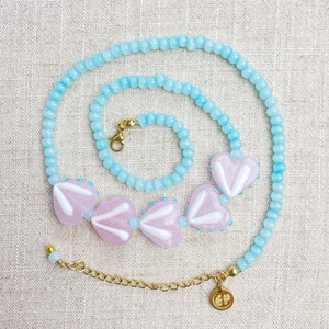 Lovie/// Blue Pink Heart Lampwork Glass Beaded Necklace (DEJ-BBCD13-BP)