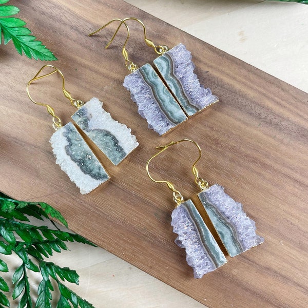 Rectangle Amethyst Slice Gemstone Drop Earrings, Gold Gemstone Chandelier Earrings, Amethyst Stalactite Stone (EPJ-E21A12)