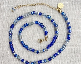 Mixie// Czech Glass Beaded Choker: Blue Silver Layering Necklace