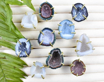 Natural Geode Brass Ring: Adjustable Gemstone Statement Ring