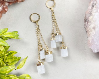 Gold Triple Selenite Dangle Huggie Earrings