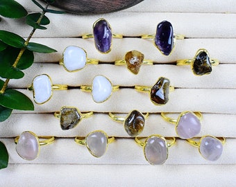 Gold Gemstone Nugget Ring: Amethyst, Citrine, Quartz, Dolomite