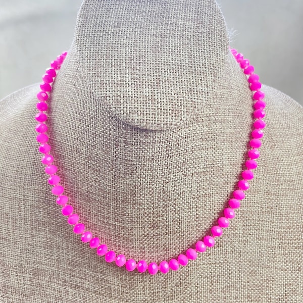 Barb// Hot Pink Neon Crystal Beaded Handknotted Necklace (EPJ-NSBA10-HP)