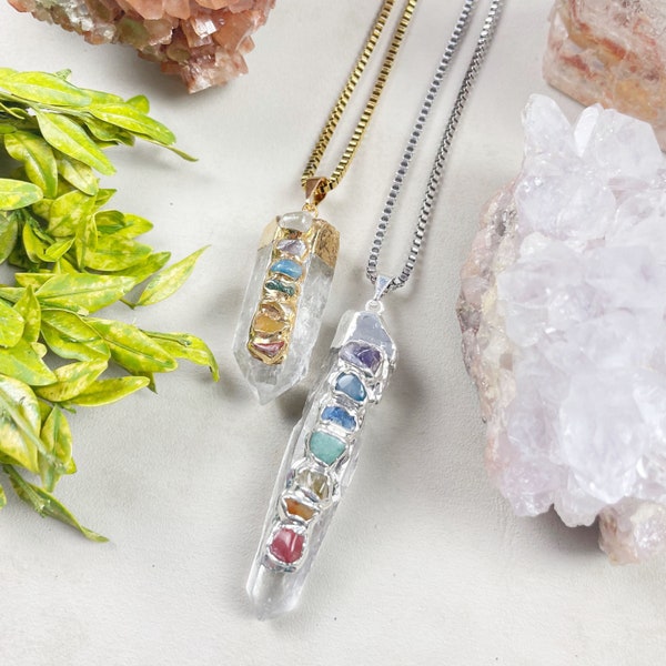 Gold or Silver Seven Chakra Clear Quartz Necklace (EPJ-NA13)