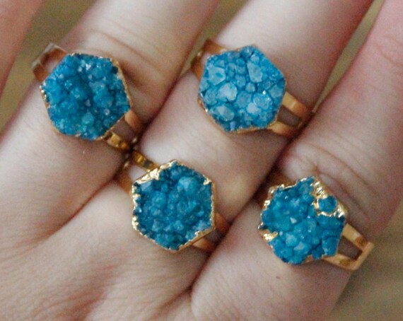 Blue Gold Hexagon Druzy Adjustable Ring/ Blue Druzy Statement Natural Stone Ring/ Mineral Gem Agate Druzy Hexagon Shape (RDD16-BL)