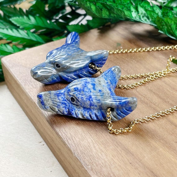 Small Lapis Lazuli Carved Wolf Necklace, Gold Gemstone Layering Necklace, Statement Pendant Necklace (EPJ-N20BAA13)