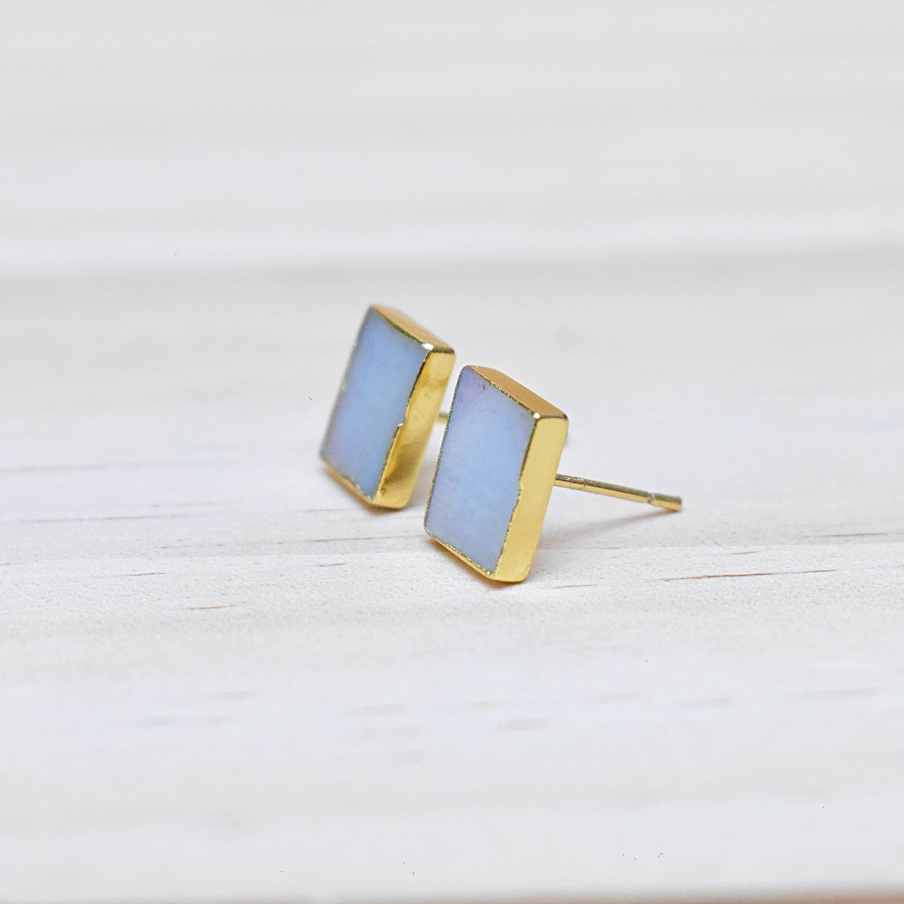 Rectangle Mother of Pearl Stud Earrings Gold Gemstone Studs | Etsy