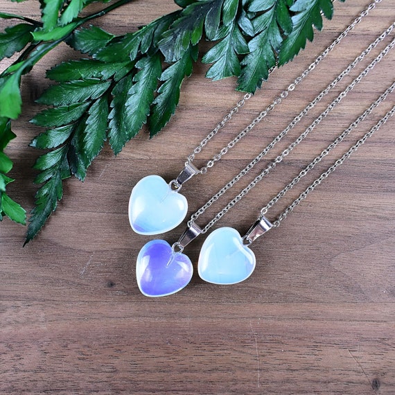 Opalite Heart Necklace: Silver Plated Chain, 16mm Gemstone  display picture 3