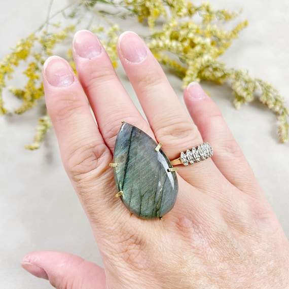 Raw Brass Labradorite Gemstone Crystal Ring (EPJ-RB10-14)