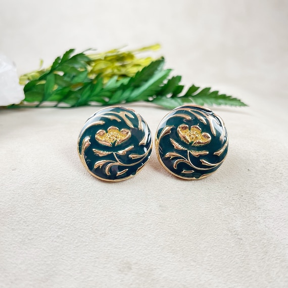 Blue Enamel Floral Gold Stud Earrings, Gold Large Flower Rose Studs, Enamel Statement Earrings (EPJ-EF20AAA10)