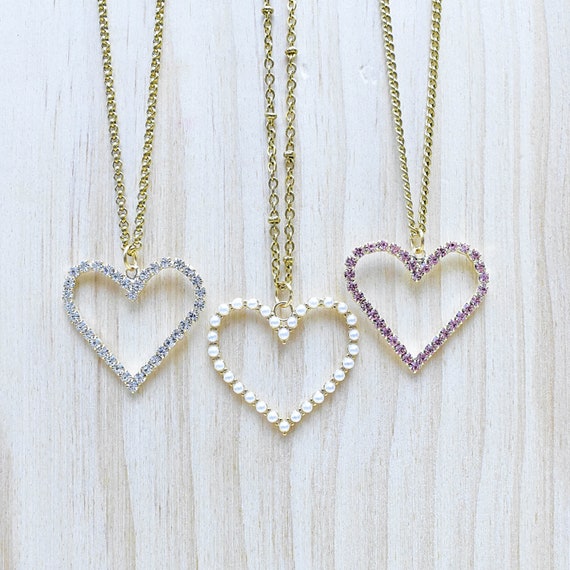 Crystal Heart Charm Necklace, Gold Heart Love Crystal Necklace, Statement Layering Charm Necklace (EPJ-NA20HAA10)