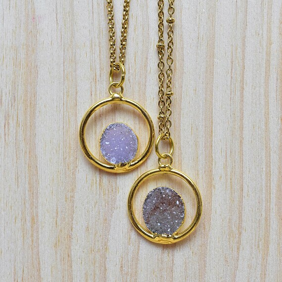 Circle Frame Druzy Necklace, Gold Gemstone Layering Pendant Necklace (EPJ-N19SDA10)