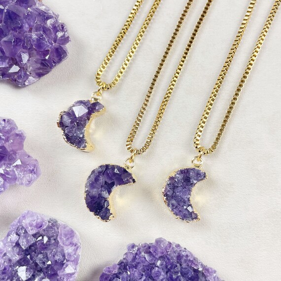 Gold Amethyst Druzy Moon Necklace (EPJ-NAAA14)