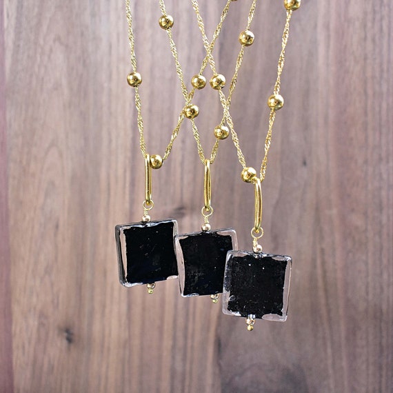 Gold Black Square Glass Drop Necklace, Gold Glass Oval Bead Necklace, Statement Layering Charm Necklace (EPJ-N20A16)