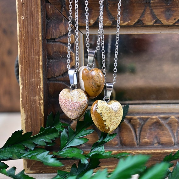 Small 16mm Picture Jasper Heart Necklace, Silver Gemstone Necklace, Layering Statement Necklace (EPJ-NW20ABD20)