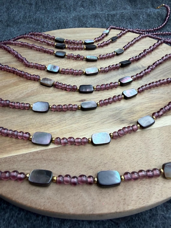 Purple Dusk// Purple Glass Shell Vintage Beaded Necklace (EPJ-NSE31)